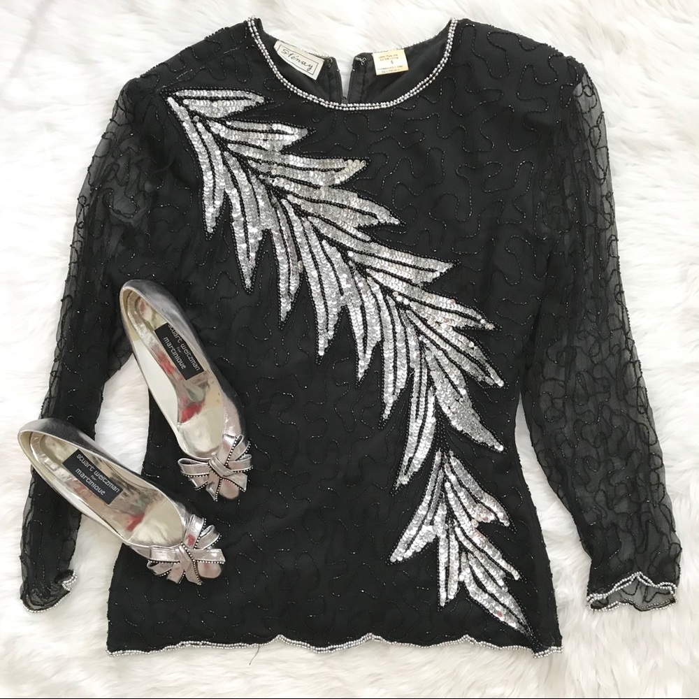 Vintage Stenay Black Silver Sequin Blouse Top